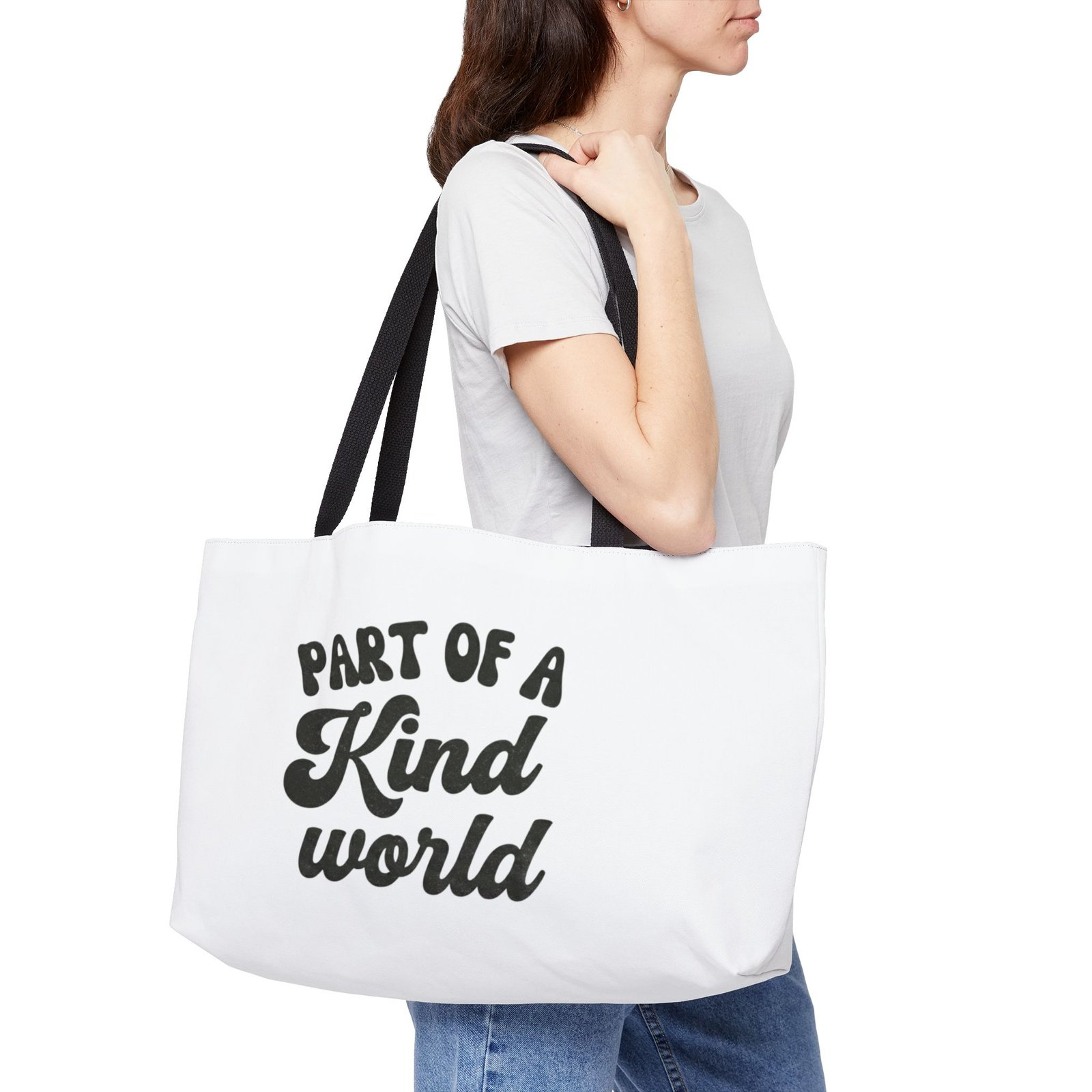 Weekender Tote Bag — "Part of a Kind World" Script Canvas Beach & Market Bag - Image 3