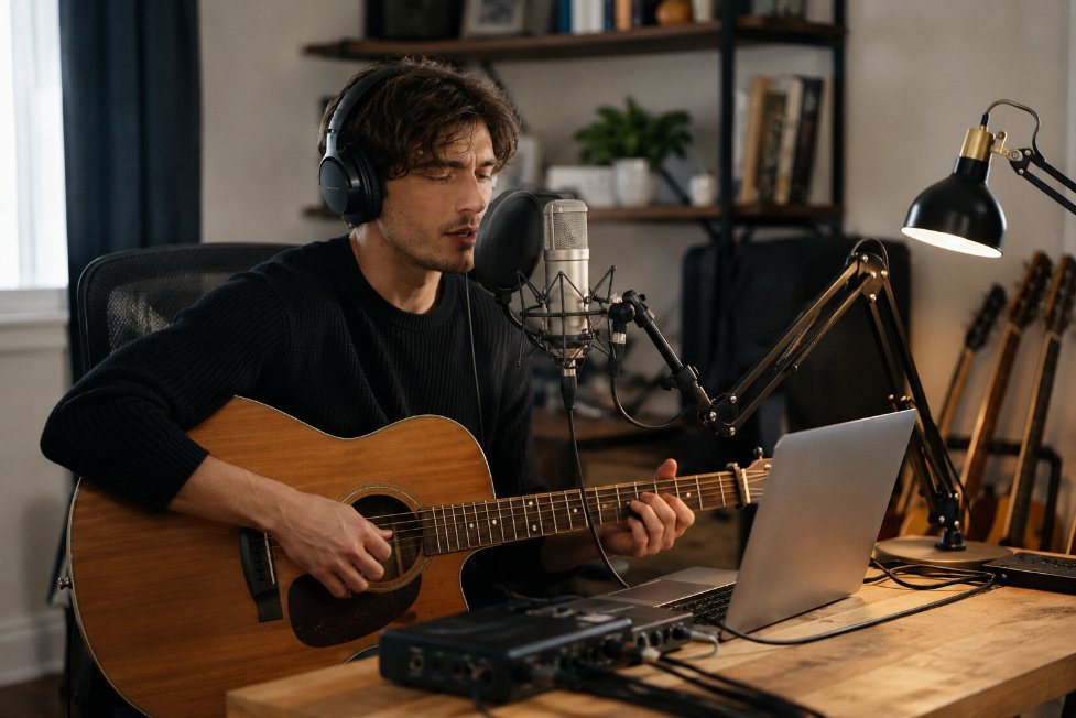 Independent artist recording music in a modern home studio