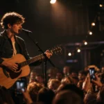 Independent musician performing live during an indie music concert