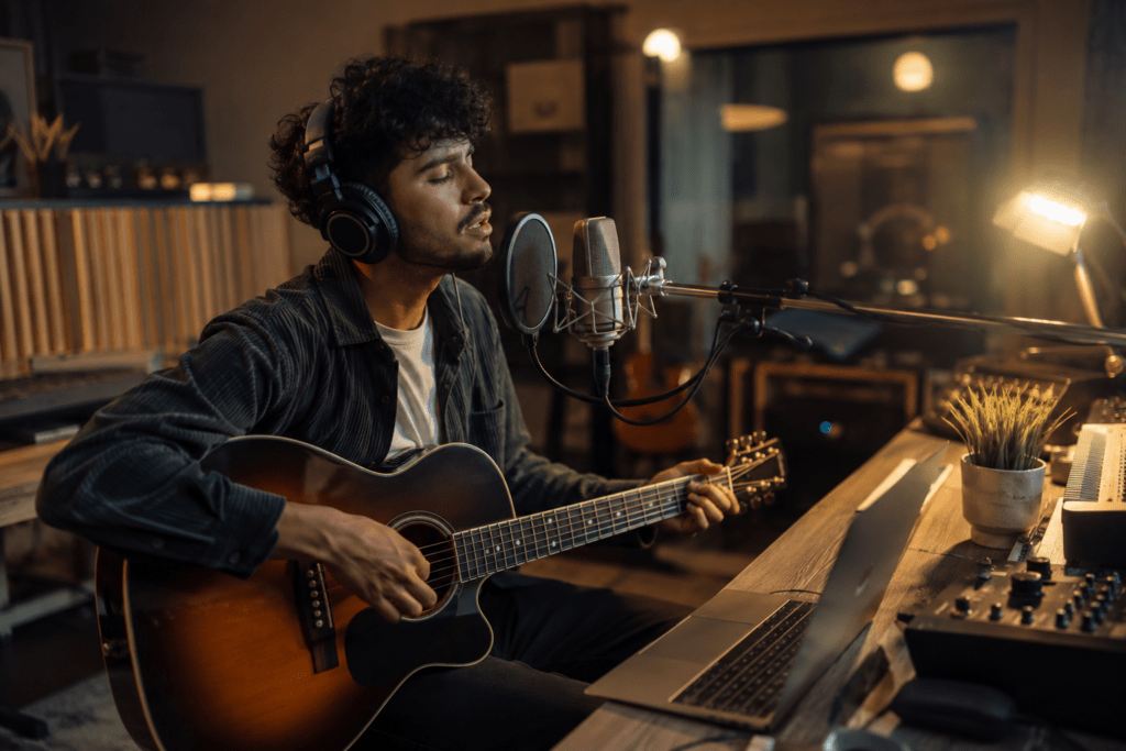 Independent musician recording music inside a professional home studio