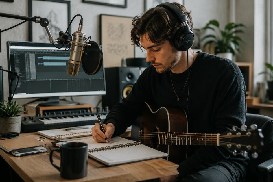 Independent musician writing original songs in a home recording studio,