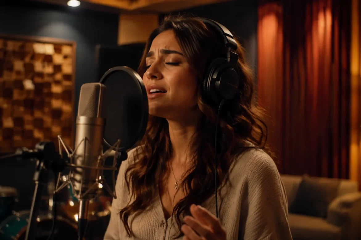 Singer practicing professional singing techniques in a recording studio