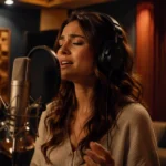 Singer practicing professional singing techniques in a recording studio
