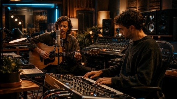 Two indie musicians recording in a modern studio, with one playing acoustic guitar and singing while the other plays a synthesizer.