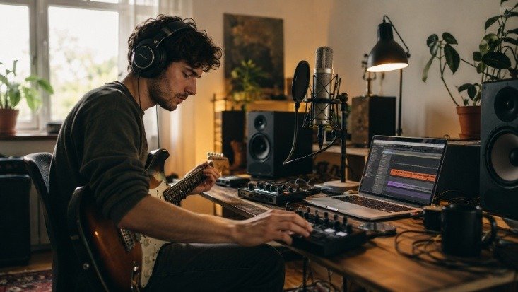 Independent musician creating music in a home recording studio