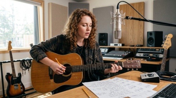 Singer-songwriter developing melody and meaningful lyrics
