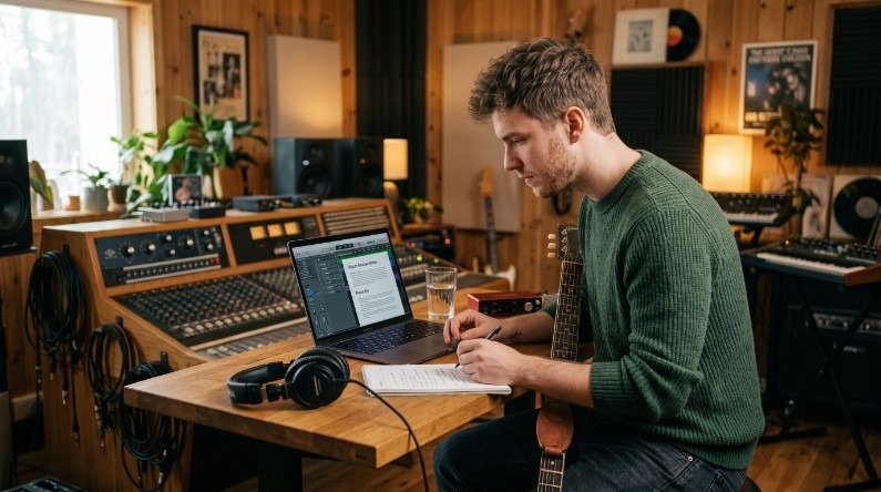 White male independent artist preparing music for digital distribution