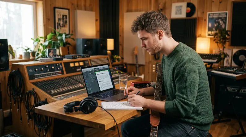 White male independent artist preparing music for digital distribution