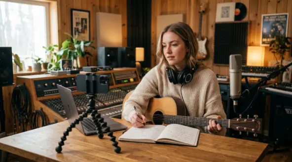 White female singer-songwriter preparing content for an upcoming song release