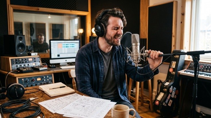 White male indie singer using vocals for music storytelling