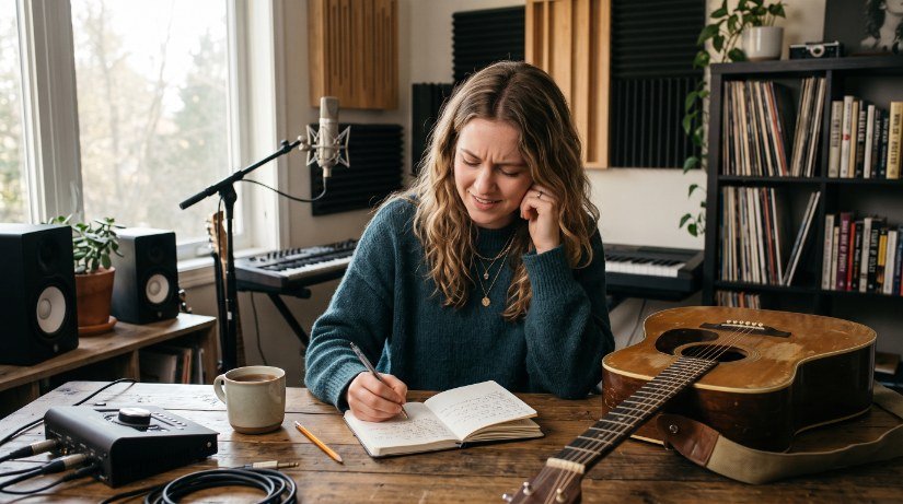 White female singer-songwriter developing a story through music