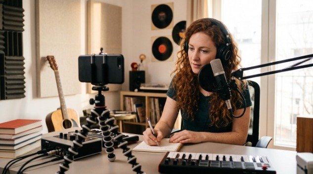 White female singer-songwriter creating social media content for her artist brand