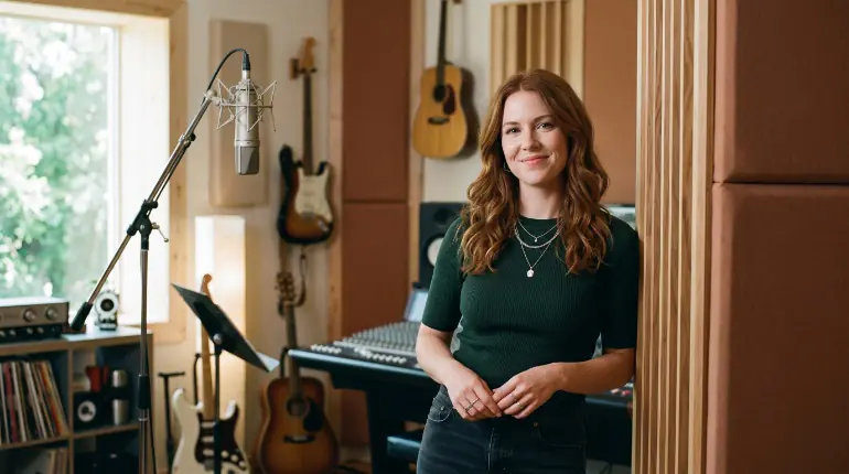 White female independent singer-songwriter building an artist brand in a recording studio