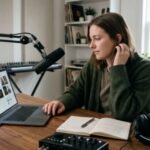 White female independent musician preparing an electronic press kit in a home studio
