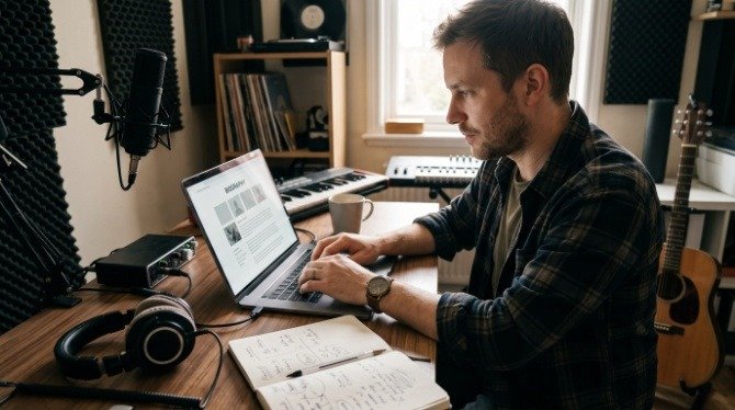 White male independent singer-songwriter writing an artist biography at a studio desk