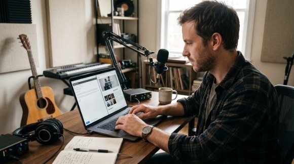 White male independent musician preparing professional music promotion emails on a laptop