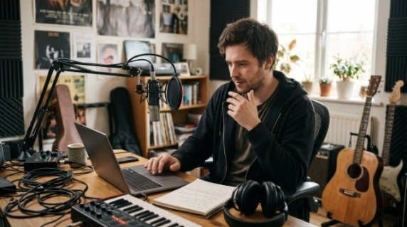 Independent musician managing recorded songs and music releases in a home studio