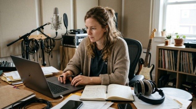 Independent musician organizing recordings and music release information in a studio
