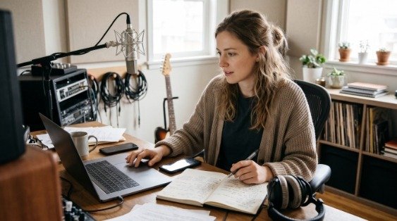 Independent female singer-songwriter organizing song titles and contributor credits
